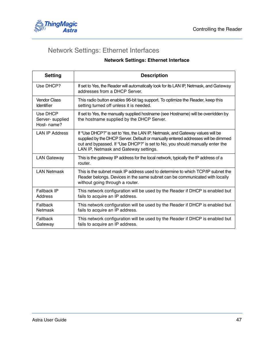 Network settings: ethernet interfaces | ThingMagic Astra User Manual | Page 47 / 75