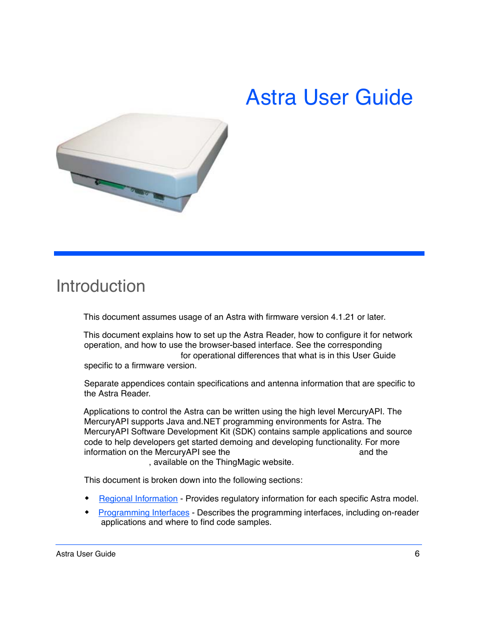 Astra user guide, Introduction, Astra user guide 6 | Introduction 6 | ThingMagic Astra User Manual | Page 6 / 75