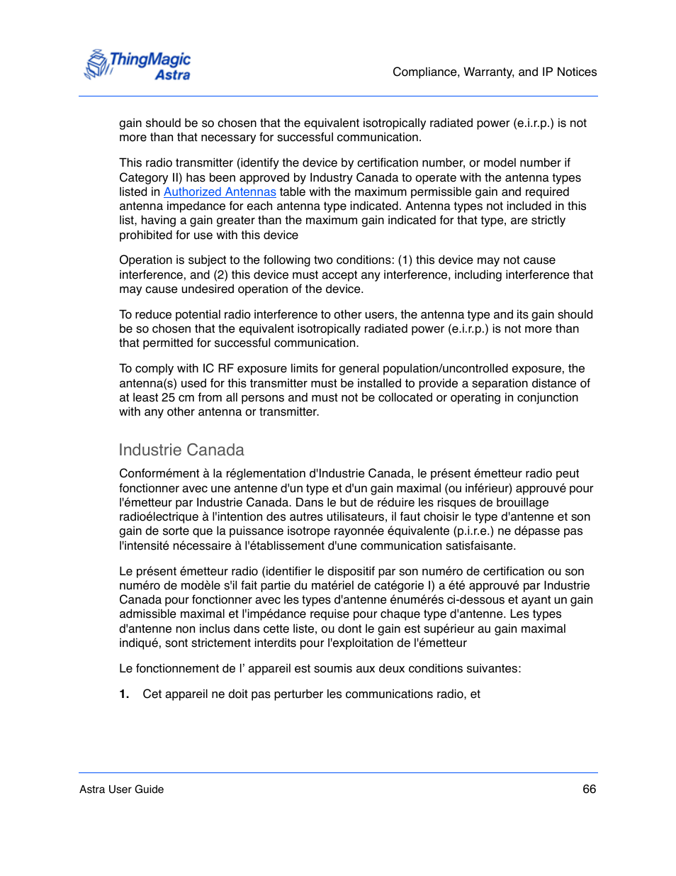 Industrie canada | ThingMagic Astra User Manual | Page 66 / 75