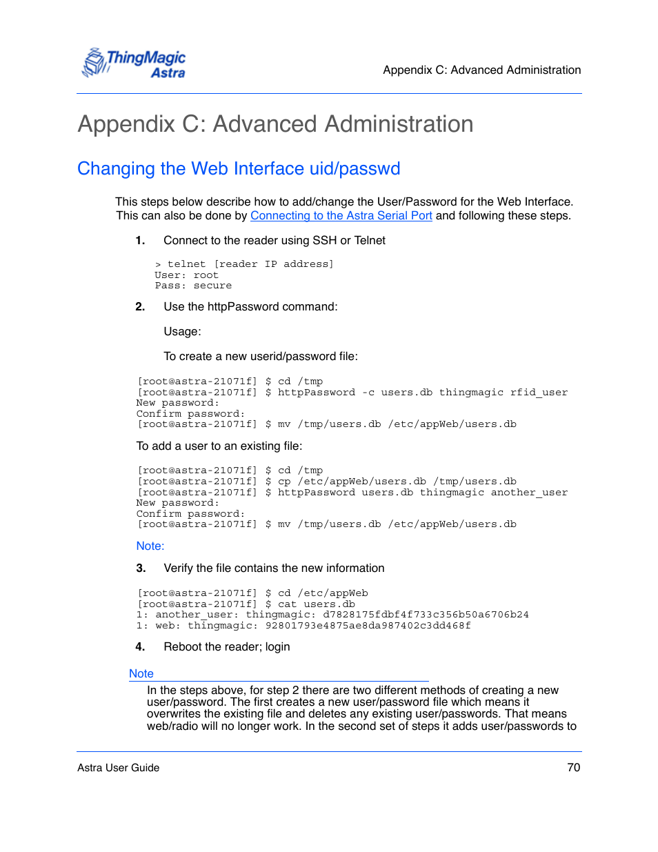 Appendix c: advanced administration, Changing the web interface uid/passwd, Appendix c: advanced administration 70 | Changing the web interface uid/passwd 70 | ThingMagic Astra User Manual | Page 70 / 75