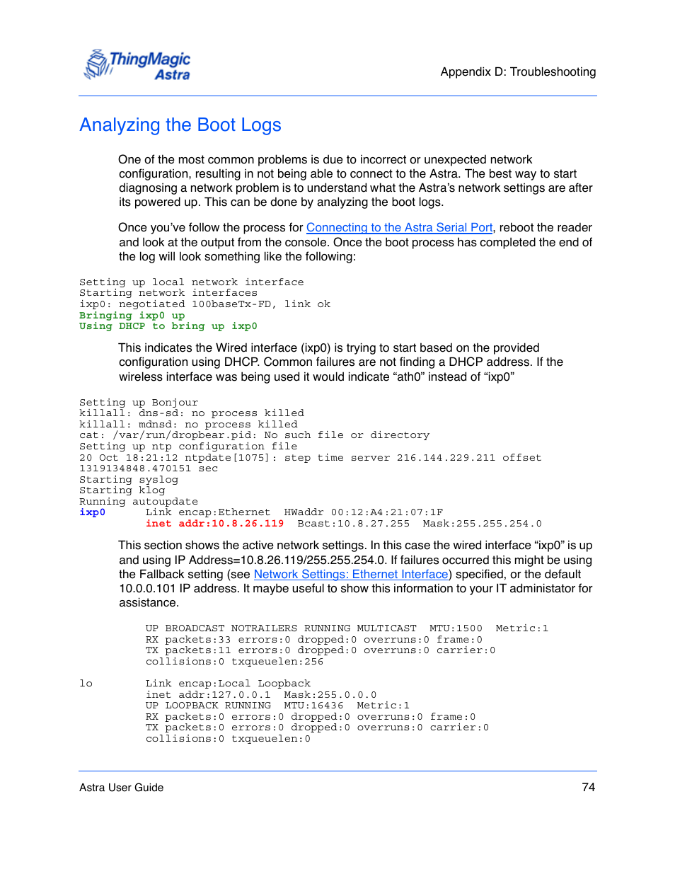 Analyzing the boot logs, Analyzing the boot logs 74, Analyzing the boot | Logs, To mak | ThingMagic Astra User Manual | Page 74 / 75