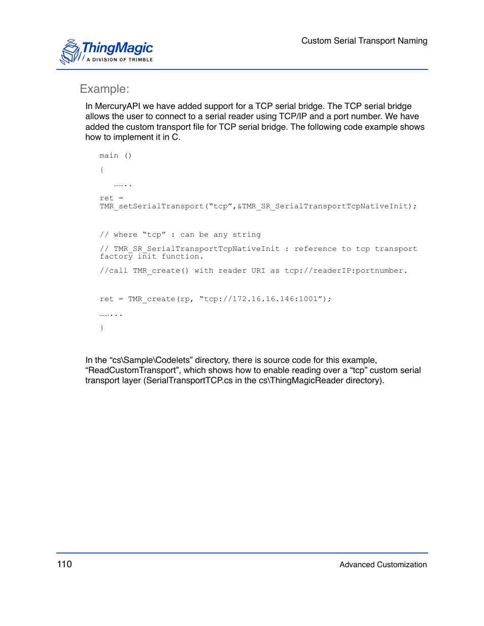Example, Example: 110 | ThingMagic Mercury API v1.23.0 User Manual | Page 110 / 128