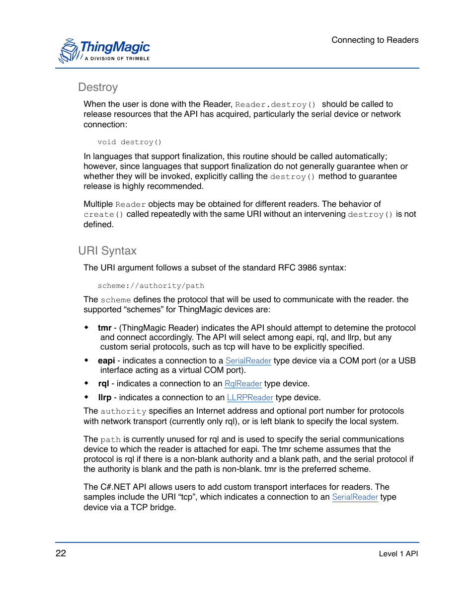 Destroy, Uri syntax, Destroy 22 uri syntax 22 | ThingMagic Mercury API v1.23.0 User Manual | Page 22 / 128
