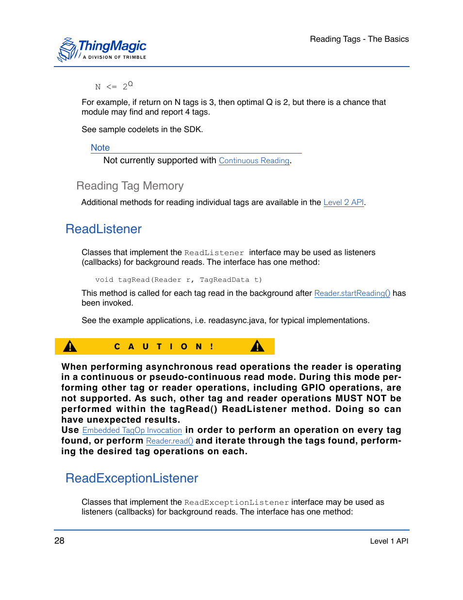 Reading tag memory, Readlistener, Readexceptionlistener | Reading tag memory 28, Readlistener readexceptionlistener, Interface; each | ThingMagic Mercury API v1.23.0 User Manual | Page 28 / 128