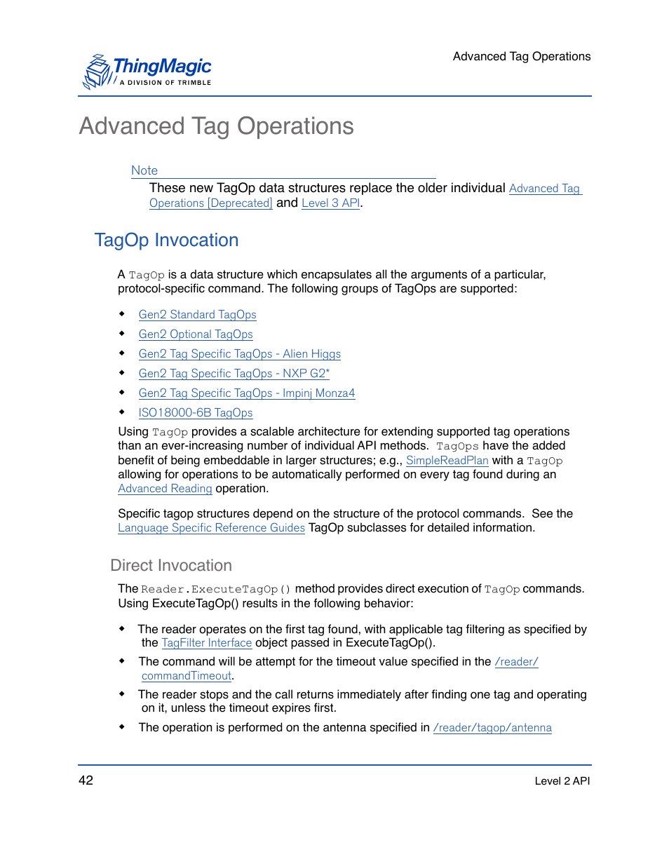 Advanced tag operations, Tagop invocation, Direct invocation | Direct invocation 42, Advanced, Tag operations | ThingMagic Mercury API v1.23.0 User Manual | Page 42 / 128