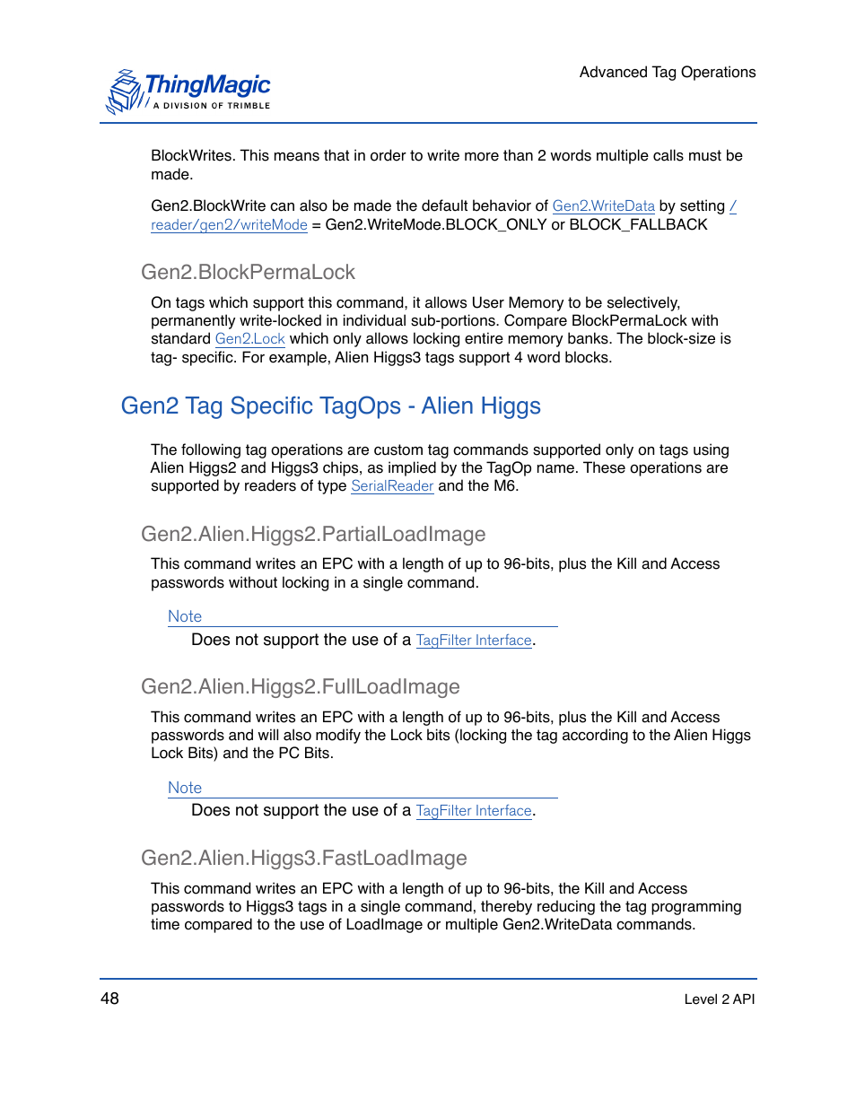Gen2.blockpermalock, Gen2 tag specific tagops - alien higgs, Gen2.alien.higgs2.partialloadimage | Gen2.alien.higgs2.fullloadimage, Gen2.alien.higgs3.fastloadimage, Gen2.blockpermalock 48 | ThingMagic Mercury API v1.23.0 User Manual | Page 48 / 128