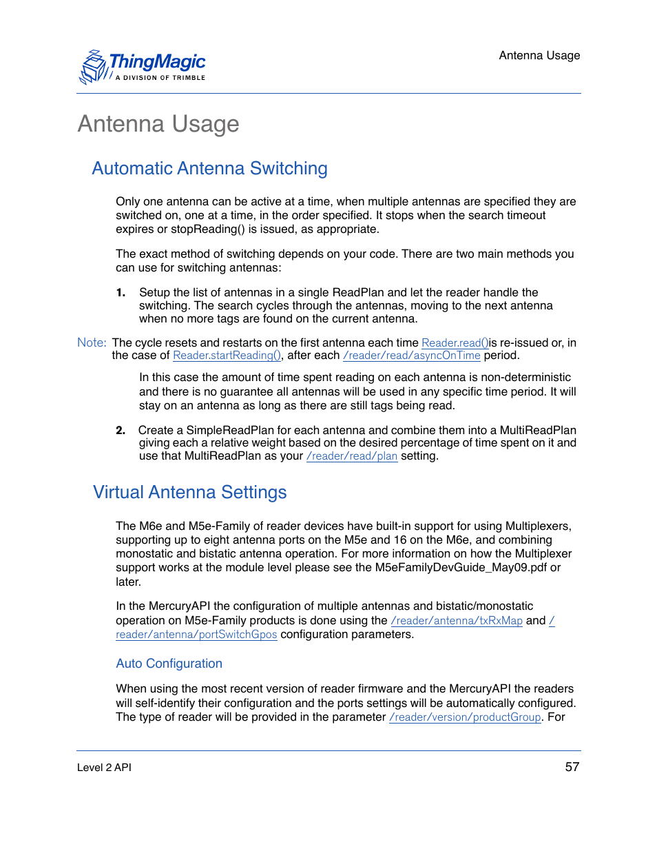 Antenna usage, Automatic antenna switching, Virtual antenna settings | Auto configuration, For more details), protocols and filtering | ThingMagic Mercury API v1.23.0 User Manual | Page 57 / 128