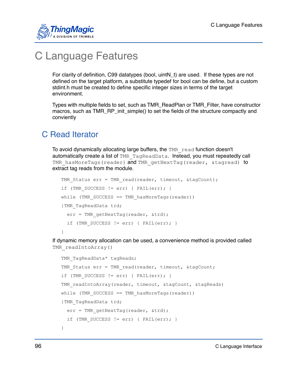 C language features, C read iterator | ThingMagic Mercury API v1.23.0 User Manual | Page 96 / 128
