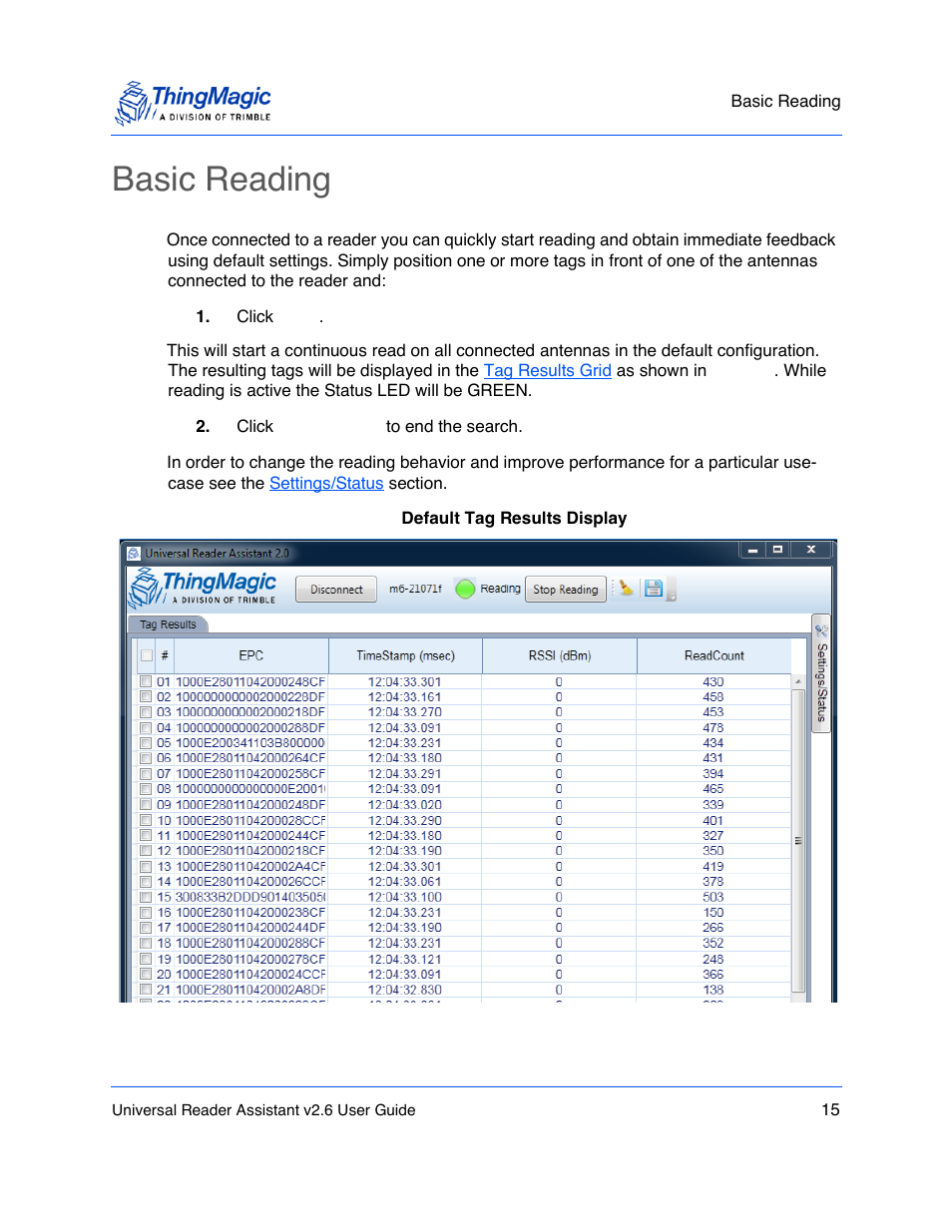 Basic reading | ThingMagic Universal Reader Assistant 2.6 User Manual | Page 15 / 34