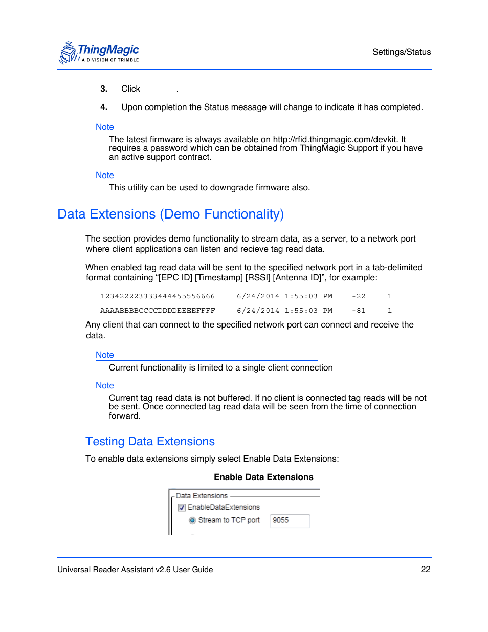 Data extensions (demo functionality), Testing data extensions | ThingMagic Universal Reader Assistant 2.6 User Manual | Page 22 / 34