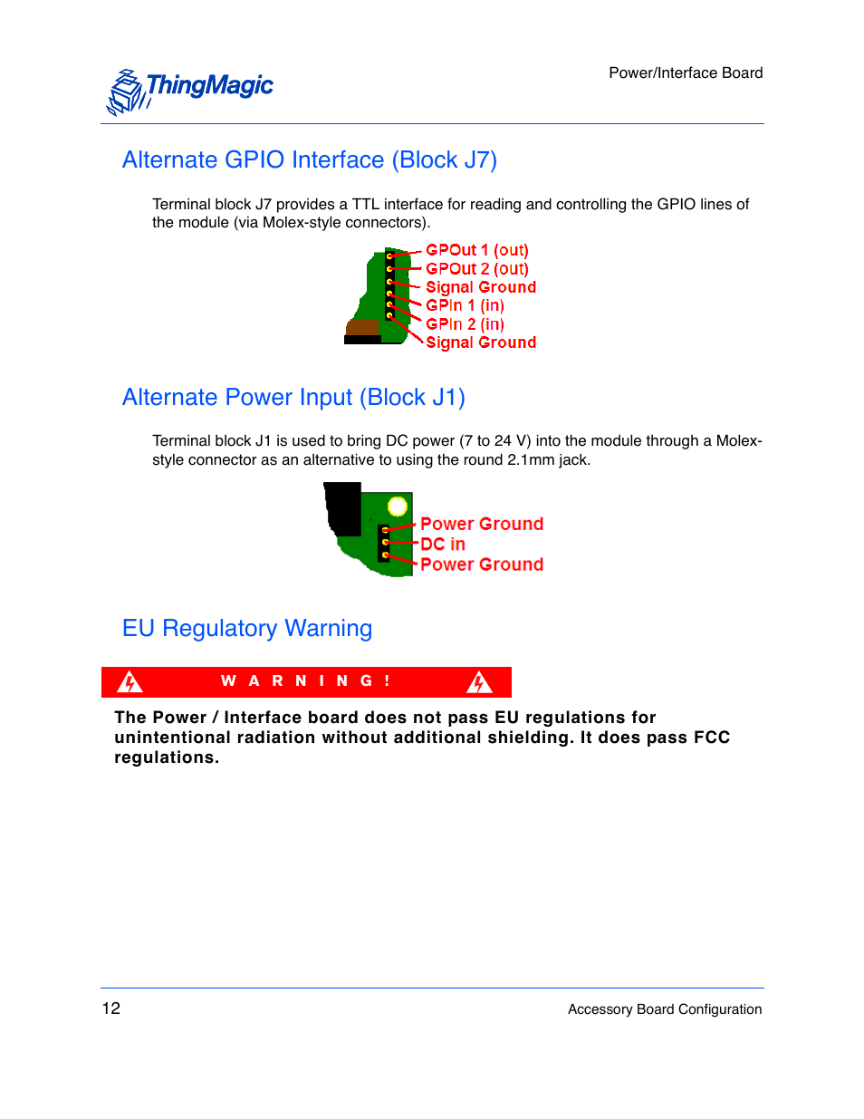 Alternate gpio interface (block j7), Alternate power input (block j1), Eu regulatory warning | ThingMagic M5e User Manual | Page 13 / 21