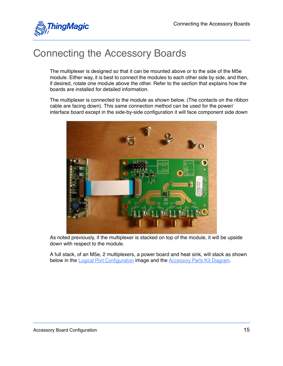 Connecting the accessory boards | ThingMagic M5e User Manual | Page 16 / 21