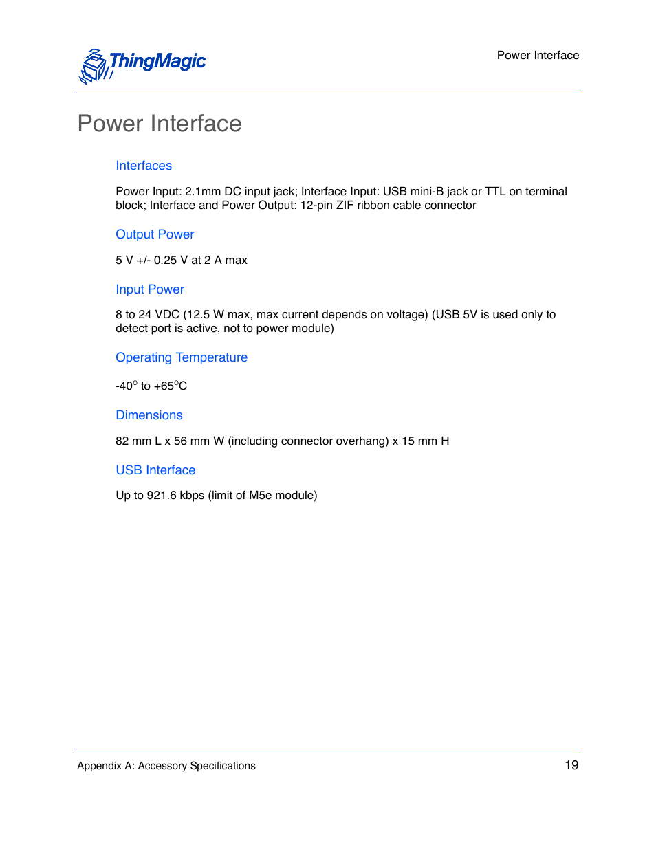 Power interface, Interfaces, Output power | Input power, Operating temperature, Dimensions, Usb interface | ThingMagic M5e User Manual | Page 20 / 21