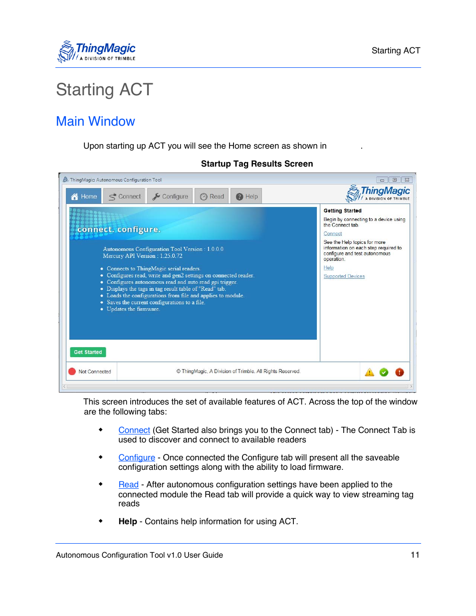 Starting act, Main window | ThingMagic Autonomous Configuration Tool User Manual | Page 11 / 28