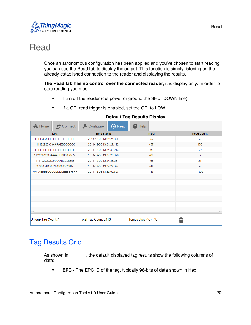 Read, Tag results grid | ThingMagic Autonomous Configuration Tool User Manual | Page 20 / 28