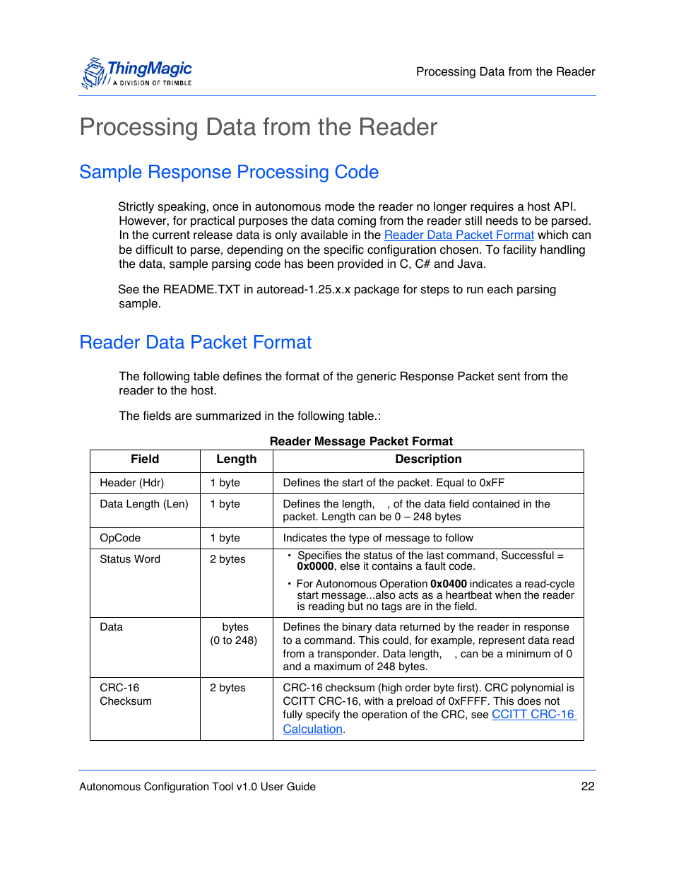 Processing data from the reader, Sample response processing code, Reader data packet format | Processing, Data from the reader | ThingMagic Autonomous Configuration Tool User Manual | Page 22 / 28