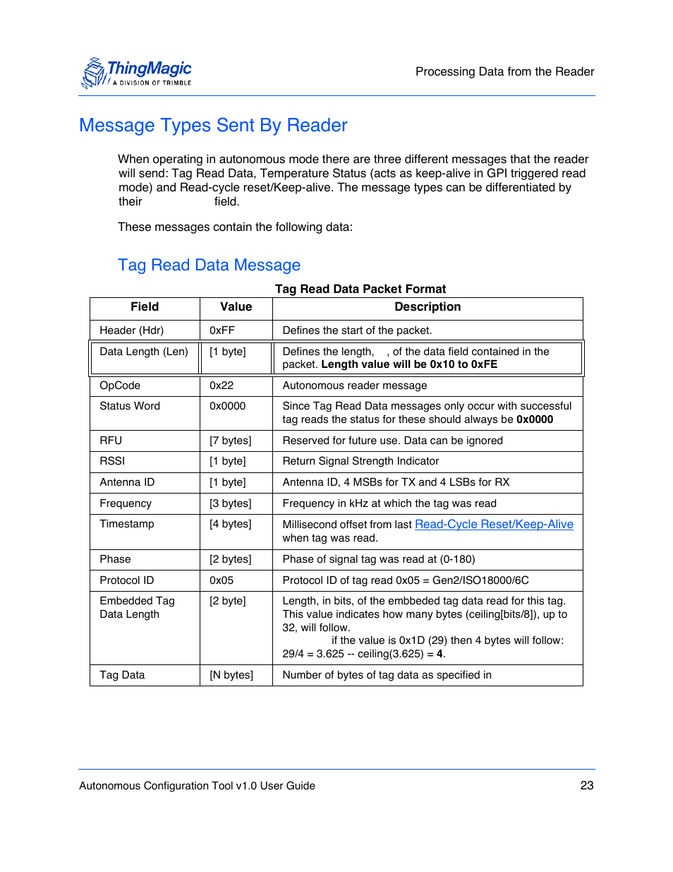 Message types sent by reader, Tag read data message | ThingMagic Autonomous Configuration Tool User Manual | Page 23 / 28