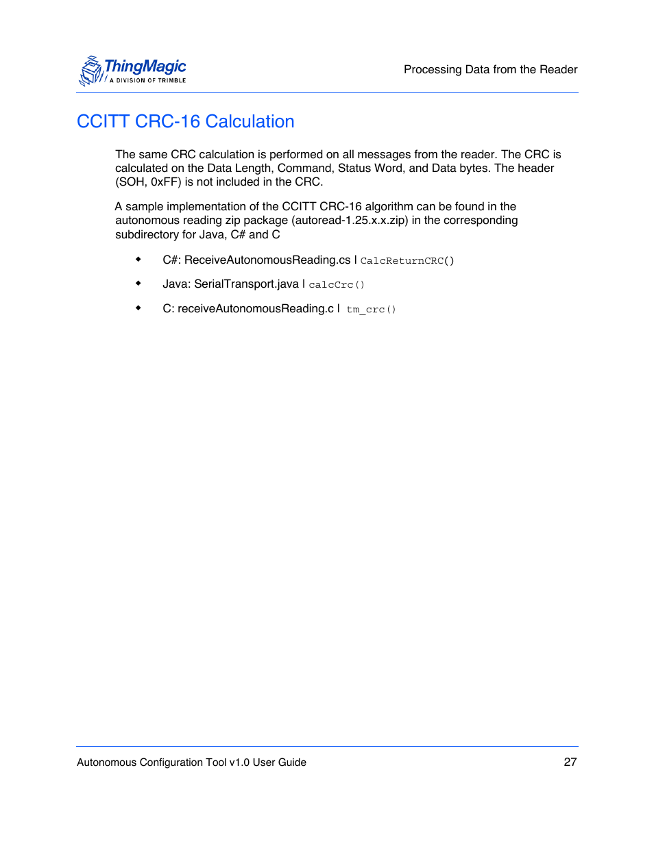 Ccitt crc-16 calculation, Ccitt crc-16, Calculation | ThingMagic Autonomous Configuration Tool User Manual | Page 27 / 28