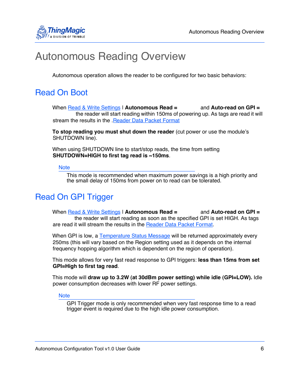 Autonomous reading overview, Read on boot, Read on gpi trigger | ThingMagic Autonomous Configuration Tool User Manual | Page 6 / 28