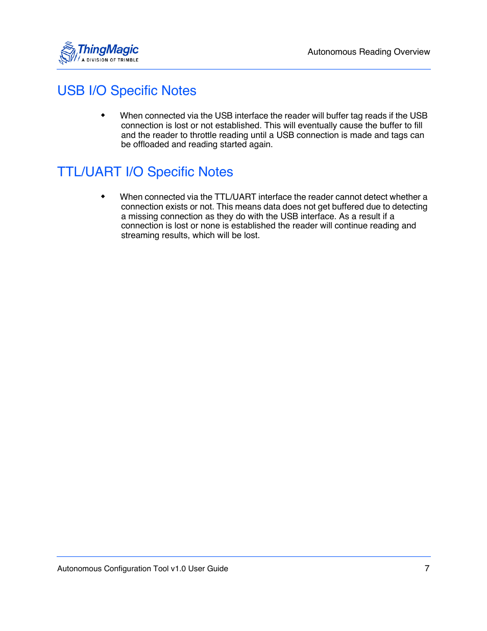 Usb i/o specific notes, Ttl/uart i/o specific notes | ThingMagic Autonomous Configuration Tool User Manual | Page 7 / 28