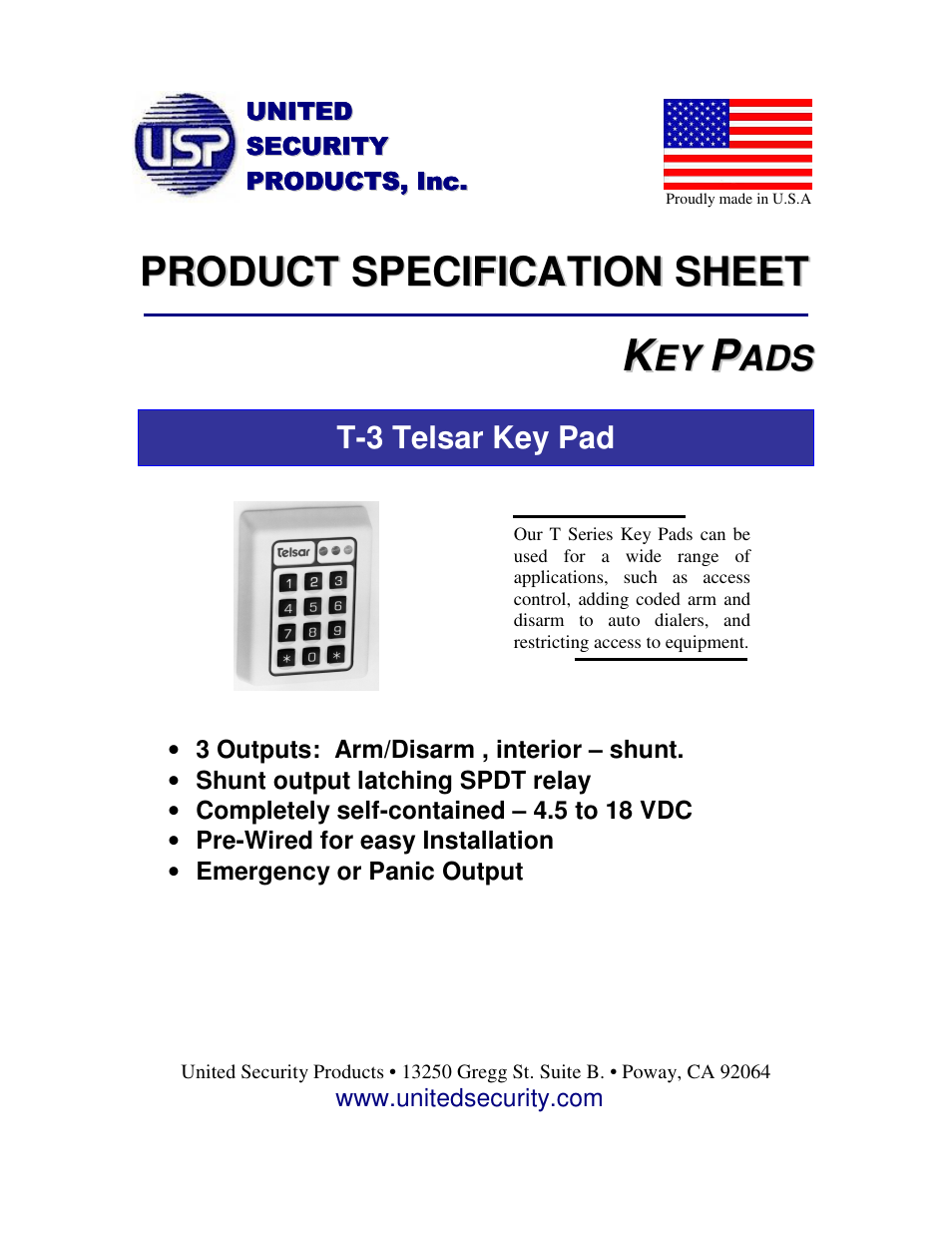 United Security T3-WHITE User Manual | 1 page