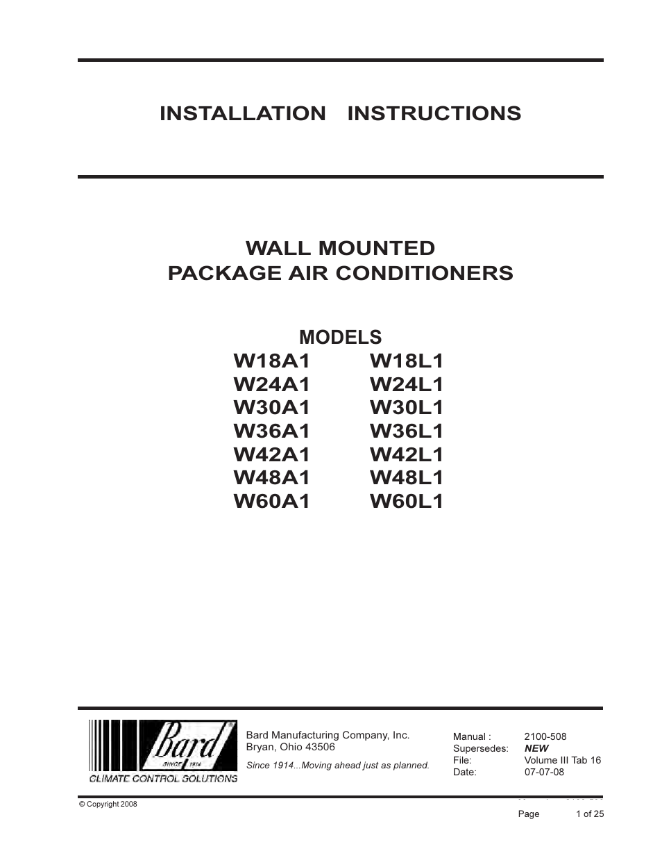 Bard Wall Mounted Package Air Conditioners W24L1 User Manual | 25 pages