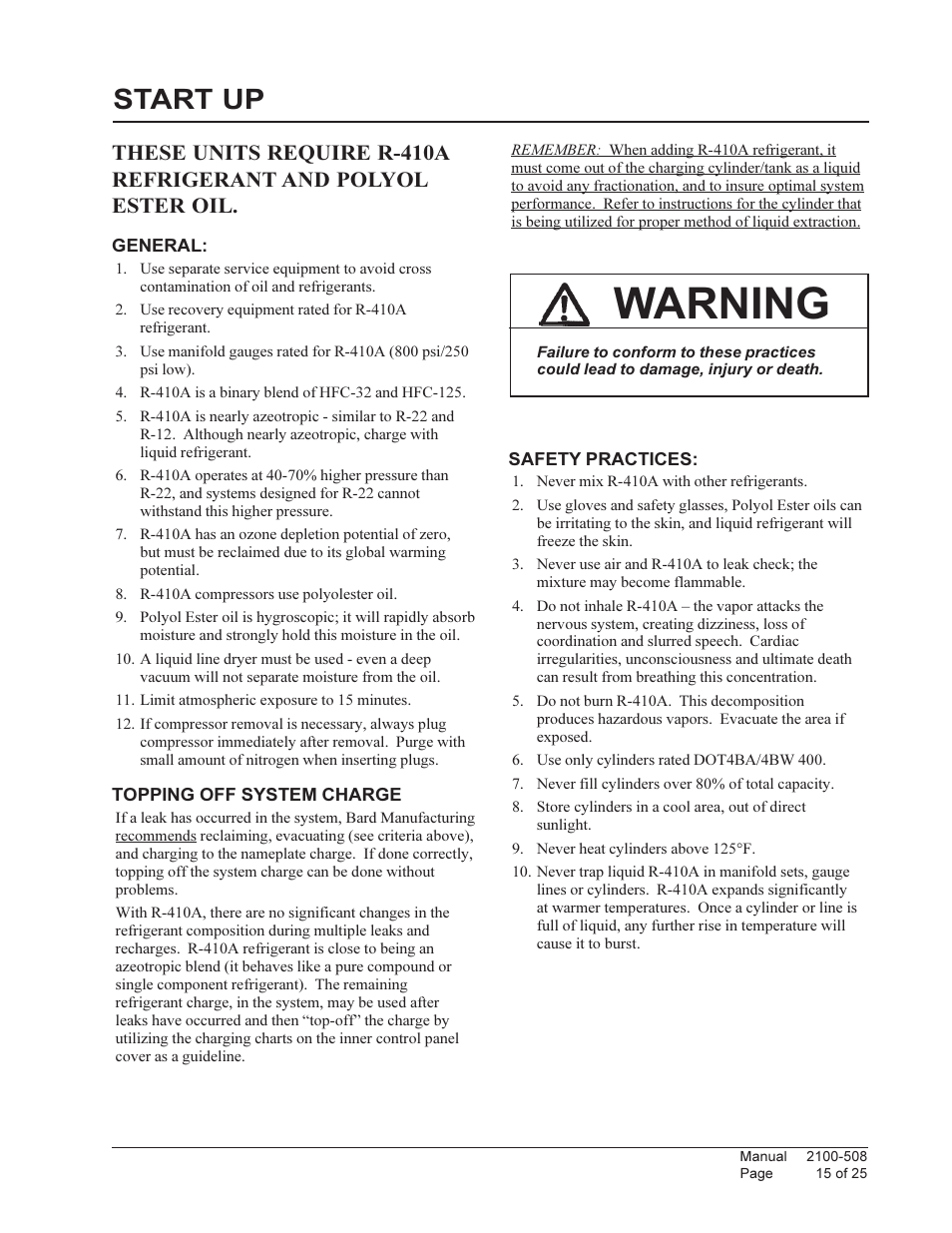 Warning, Start up | Bard Wall Mounted Package Air Conditioners W24L1 User Manual | Page 15 / 25