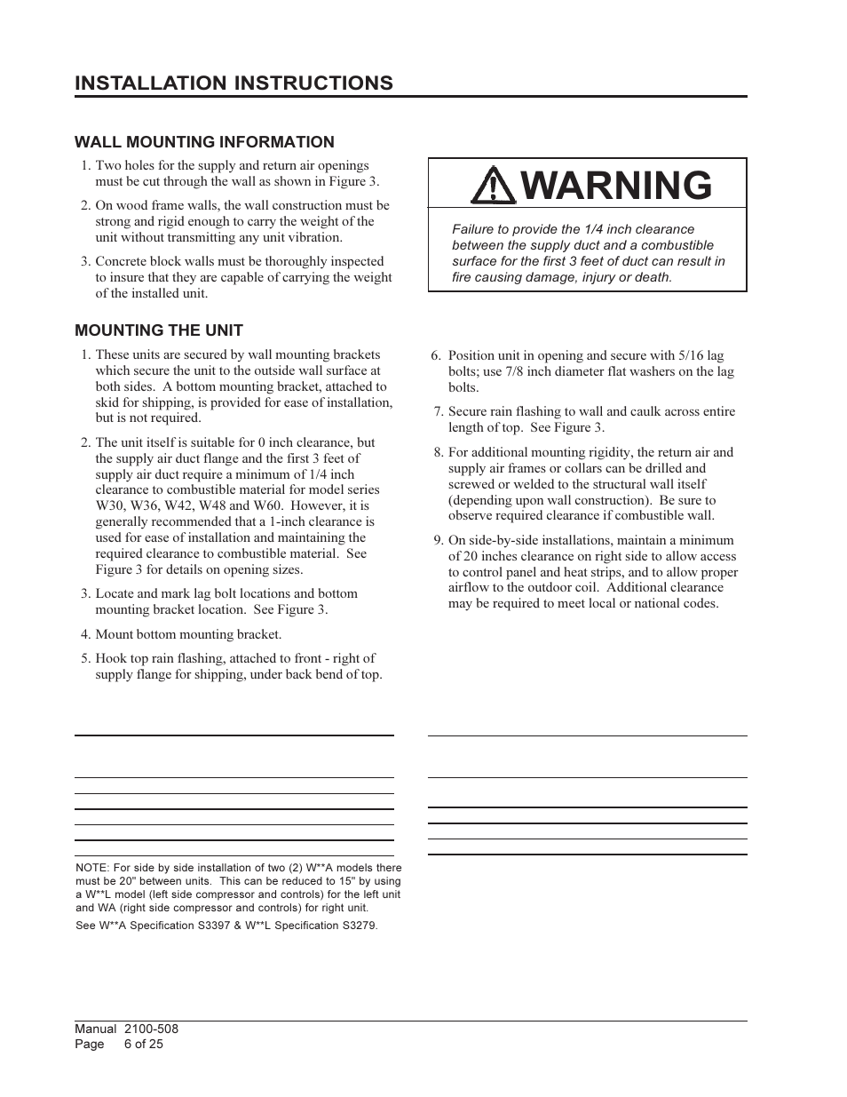 Warning, Installation instructions | Bard Wall Mounted Package Air Conditioners W24L1 User Manual | Page 6 / 25