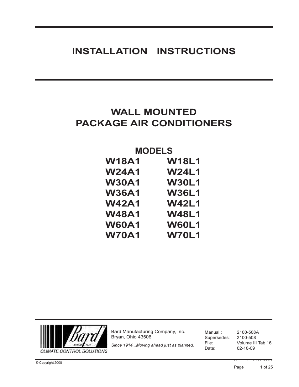 Bard WALL MOUNTED PACKAGE AIR CONDITIONERS W42L User Manual | 25 pages