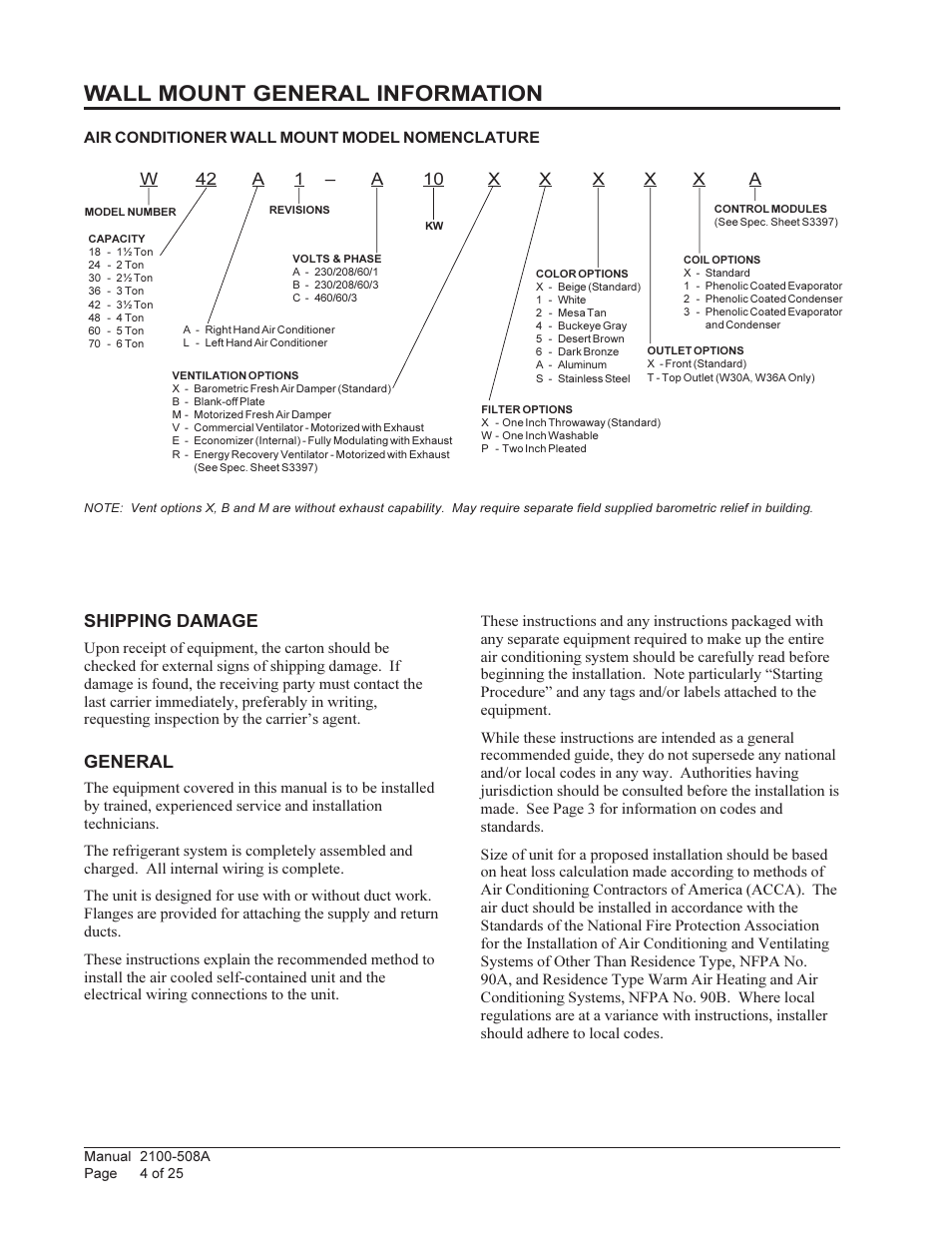 Wall mount general information | Bard WALL MOUNTED PACKAGE AIR CONDITIONERS W42L User Manual | Page 4 / 25