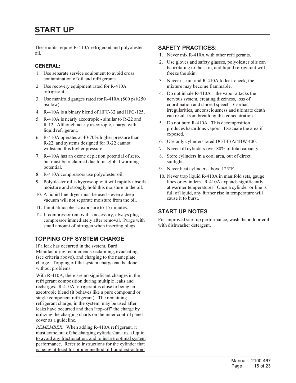 Start up | Bard Single Package Air Conditioners PA13421-A User Manual | Page 15 / 23