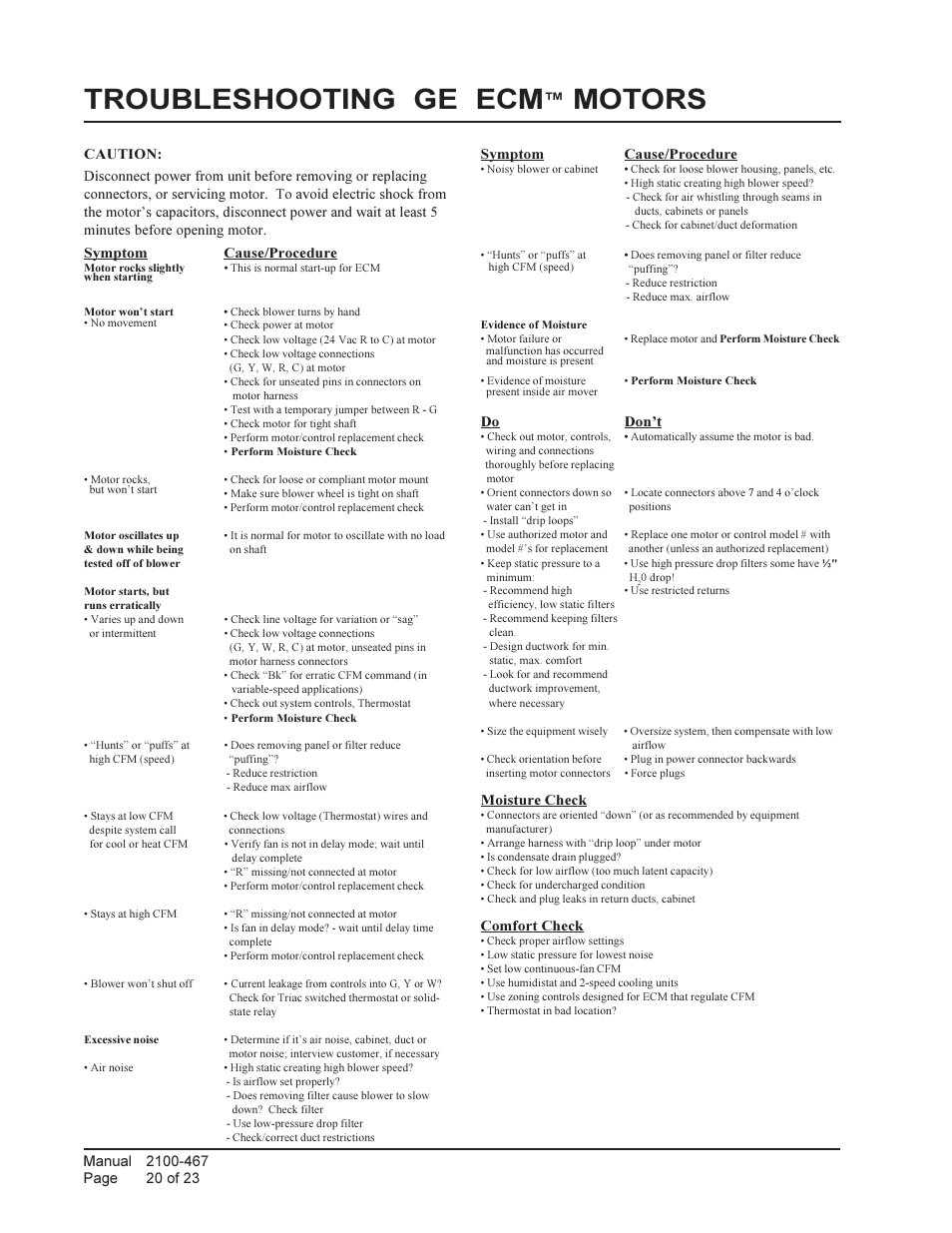Troubleshooting ge ecm, Motors | Bard Single Package Air Conditioners PA13421-A User Manual | Page 20 / 23