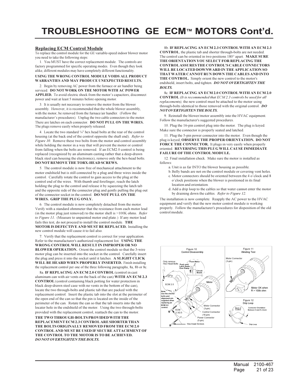 Troubleshooting ge ecm, Motors cont’d, Replacing ecm control module | Bard Single Package Air Conditioners PA13421-A User Manual | Page 21 / 23