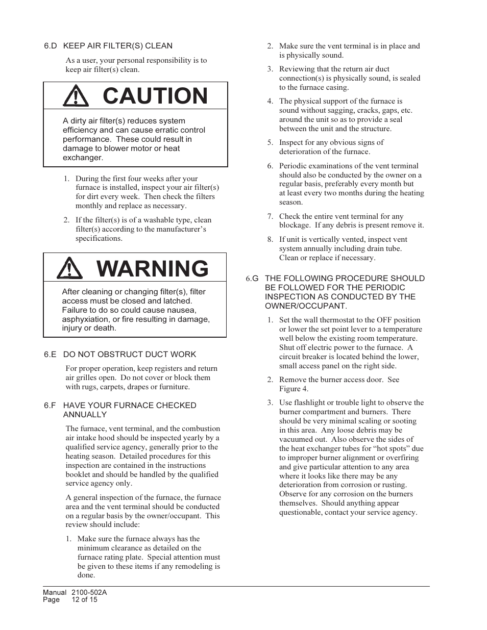 Caution, Warning | Bard Gas/Electric Wall Mount 4S User Manual | Page 12 / 15