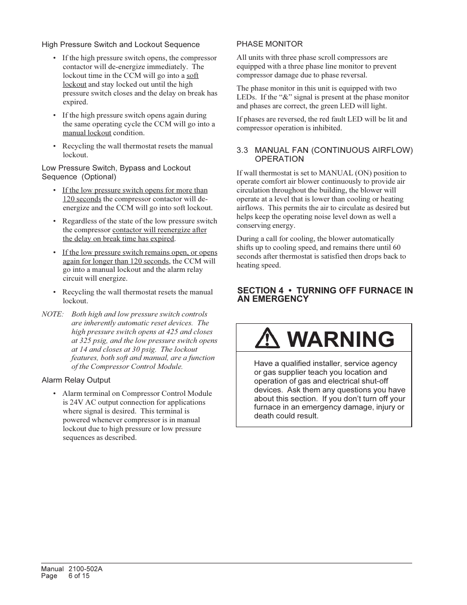 Warning | Bard Gas/Electric Wall Mount 4S User Manual | Page 6 / 15