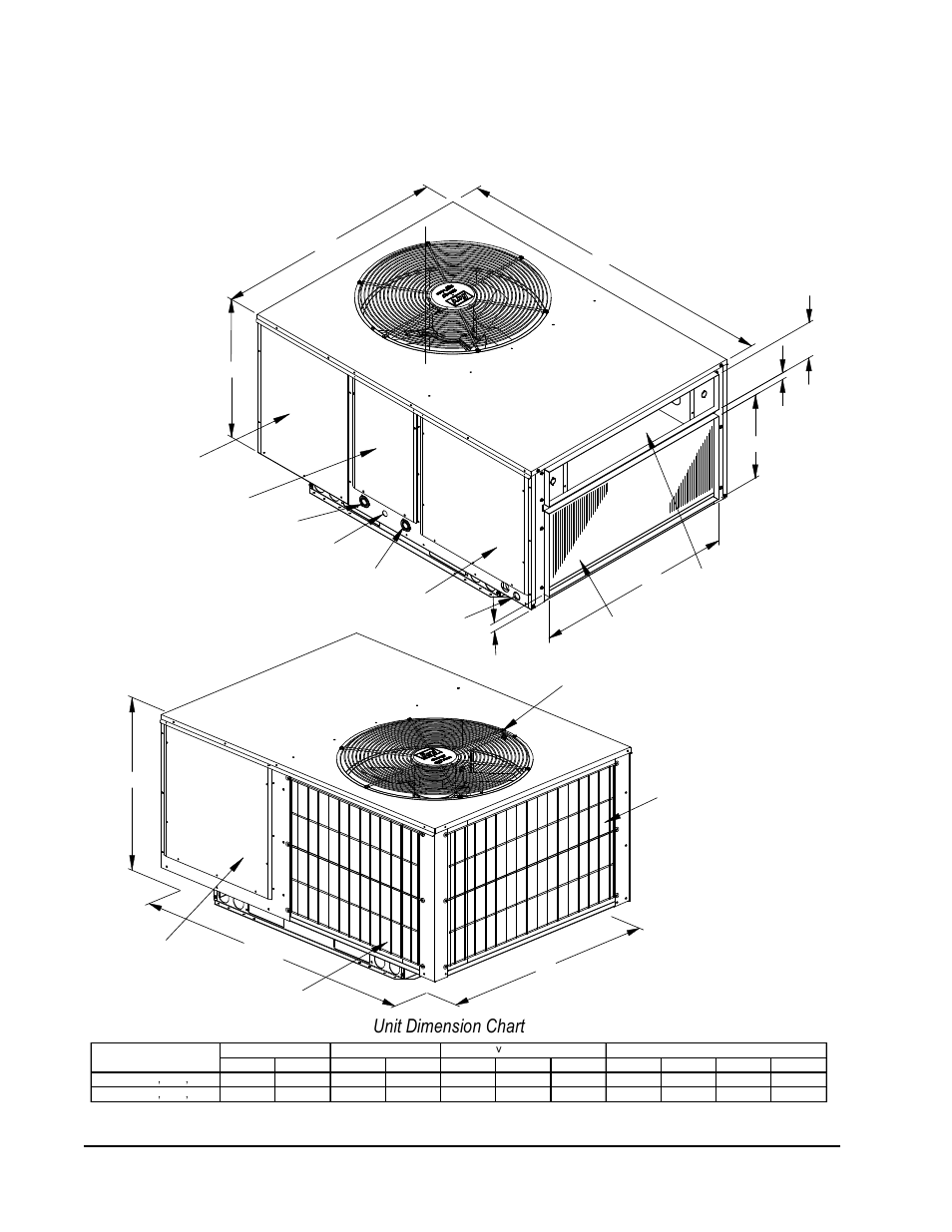 Unit dimension chart | Bard Single Package Air Conditioners PA13362-A User Manual | Page 8 / 24