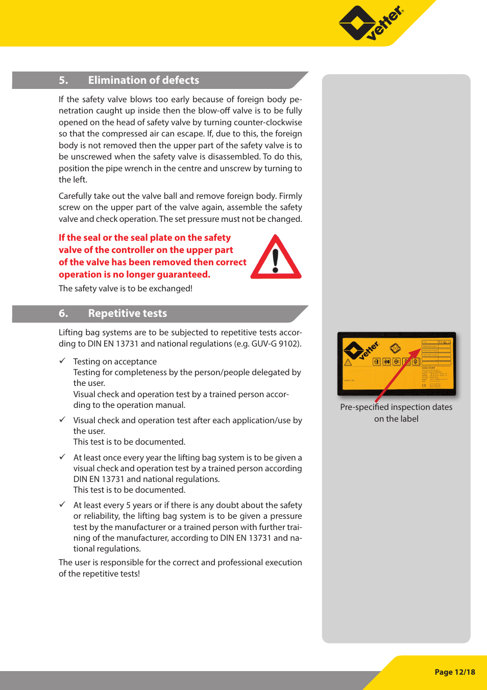 Elimination of defects, Repetitive tests | Vetter S.Tec Lifting bags 10 bar (145 psi) User Manual | Page 13 / 19