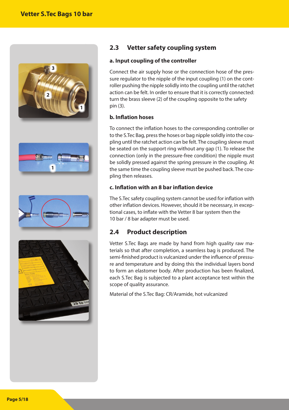 Vetter s.tec bags 10 bar, 3 vetter safety coupling system, 4 product description | Vetter S.Tec Lifting bags 10 bar (145 psi) User Manual | Page 6 / 19