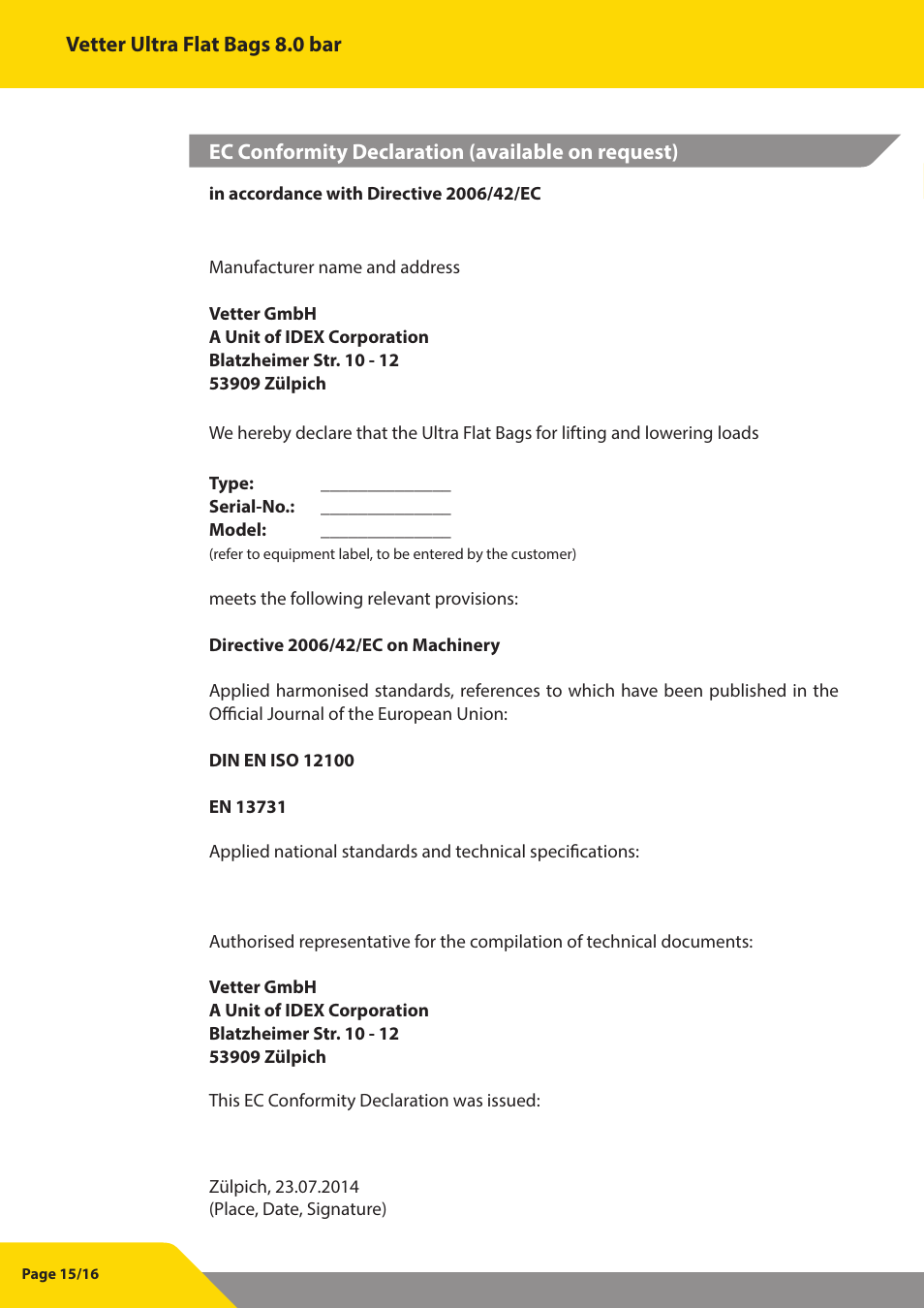 Vetter Ultra Flat Bags 8 bar (116 psi) User Manual | Page 16 / 17