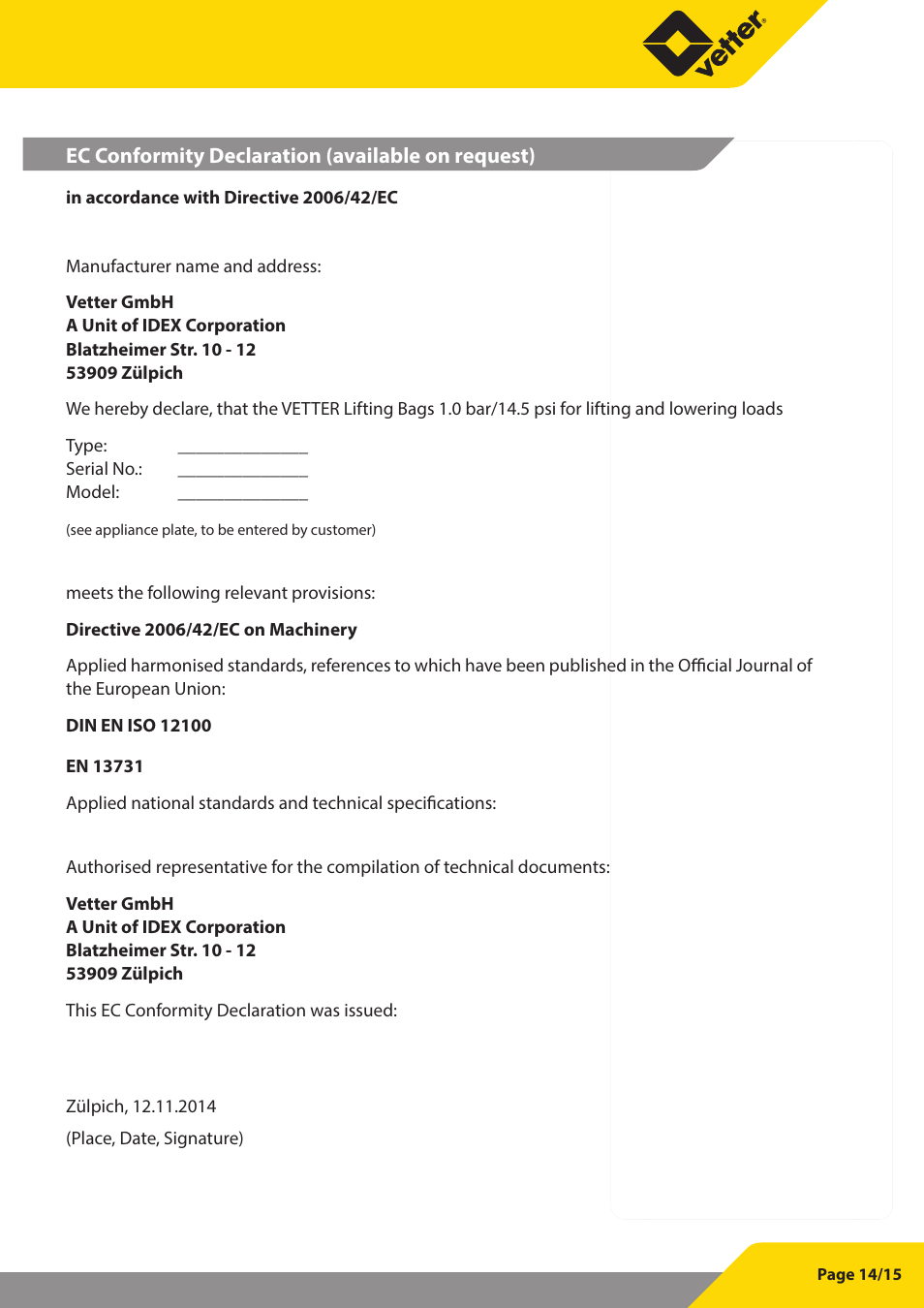 Vetter Lifting bags 1 bar (14.5 psi) User Manual | Page 15 / 16