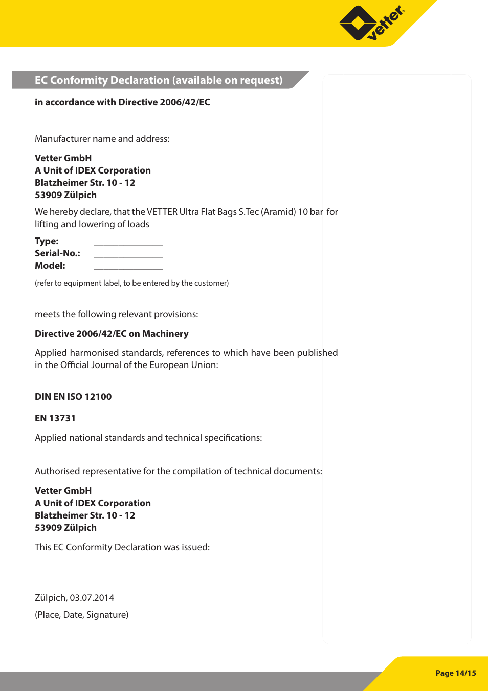 Vetter Ultra Flat Bags STec 10 bar (145 psi) User Manual | Page 15 / 16