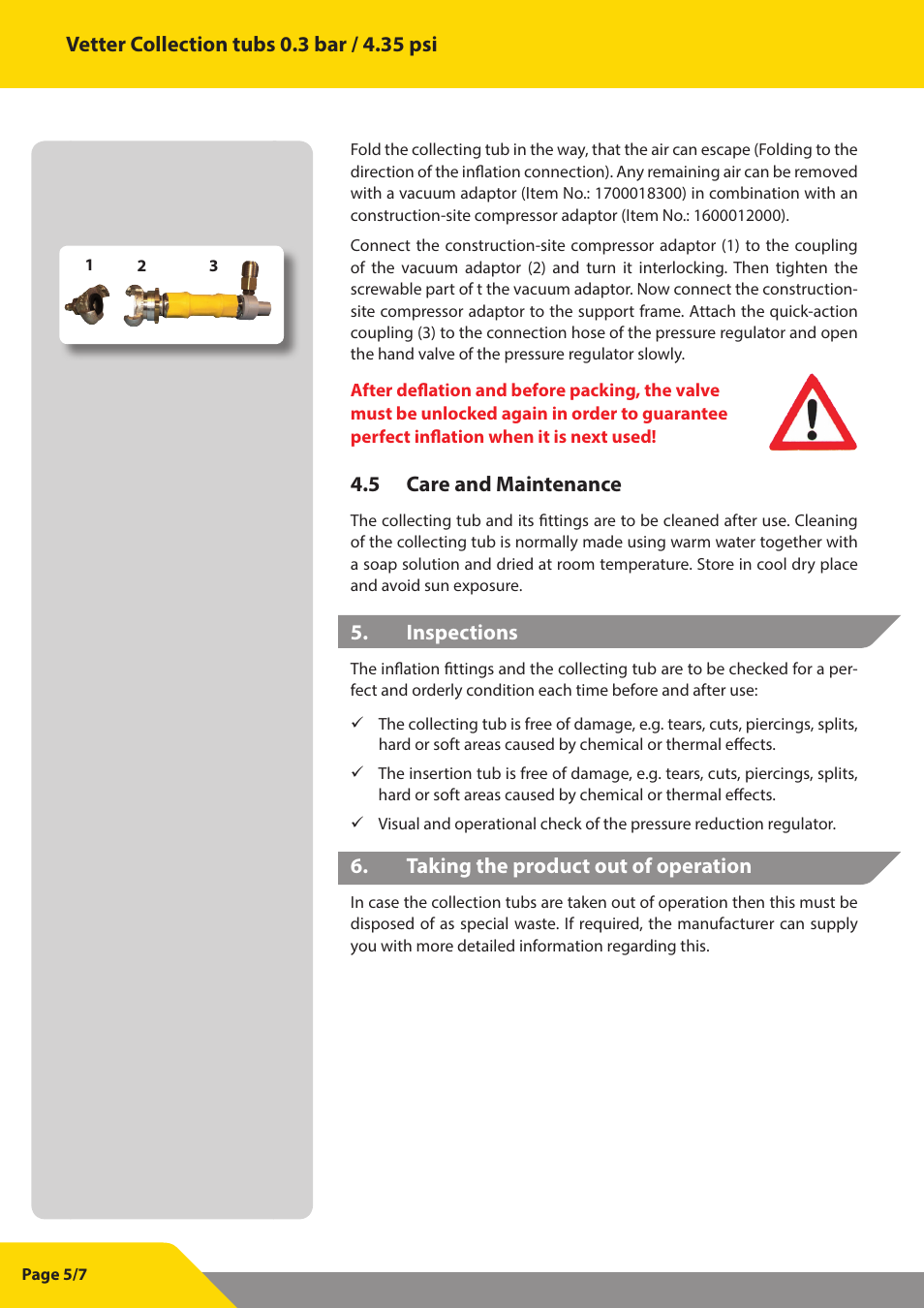 5 care and maintenance, Inspections, Taking the product out of operation | Vetter Pneum. collection tubs 0.3 bar User Manual | Page 6 / 8