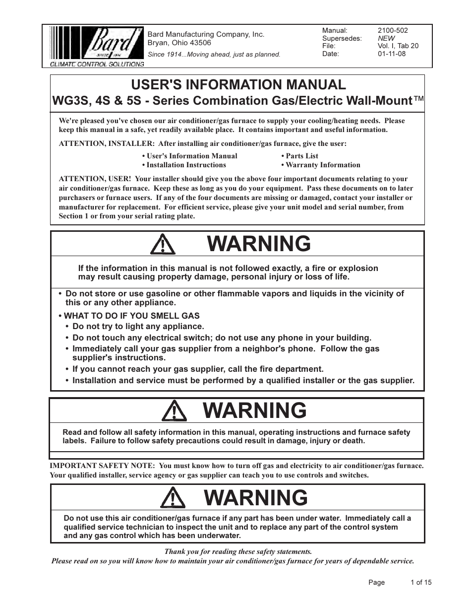 Bard Series Combination Gas/Electric Wall-Mount WG3S User Manual | 15 pages