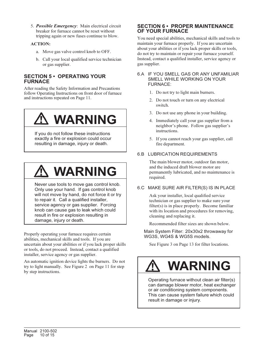Warning | Bard Series Combination Gas/Electric Wall-Mount WG3S User Manual | Page 10 / 15