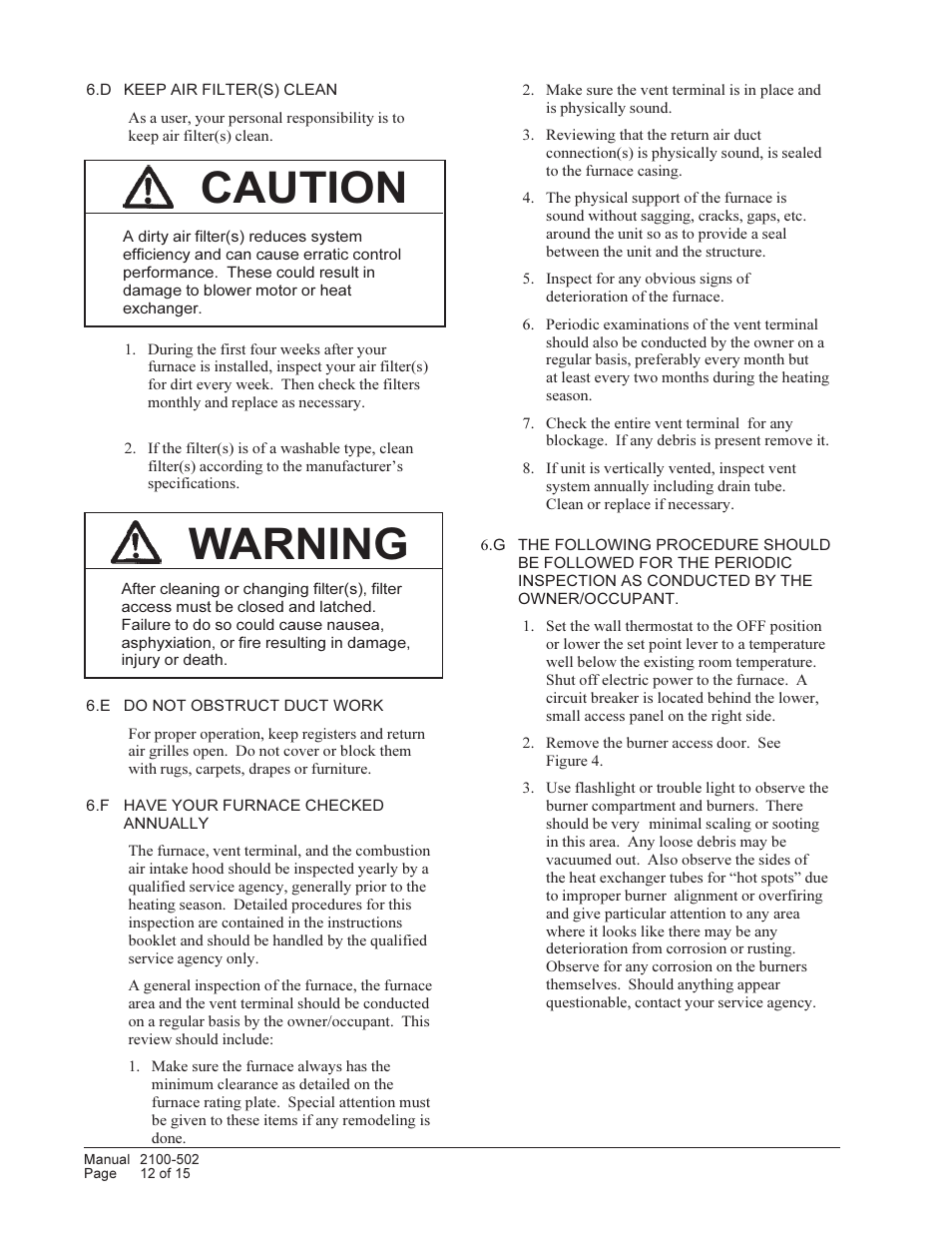 Caution, Warning | Bard Series Combination Gas/Electric Wall-Mount WG3S User Manual | Page 12 / 15
