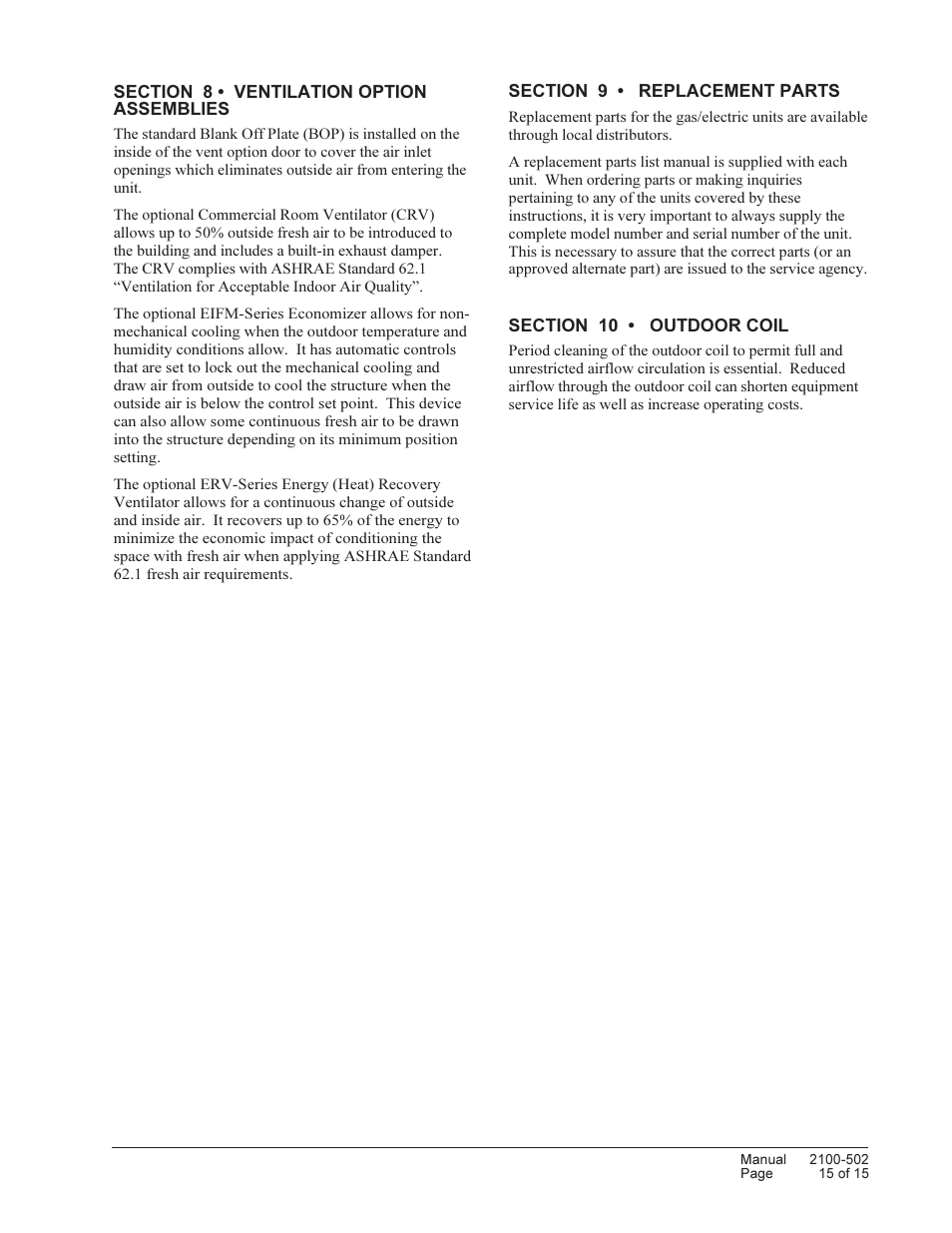 Bard Series Combination Gas/Electric Wall-Mount WG3S User Manual | Page 15 / 15