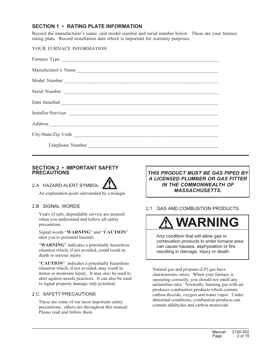 Warning | Bard Series Combination Gas/Electric Wall-Mount WG3S User Manual | Page 3 / 15