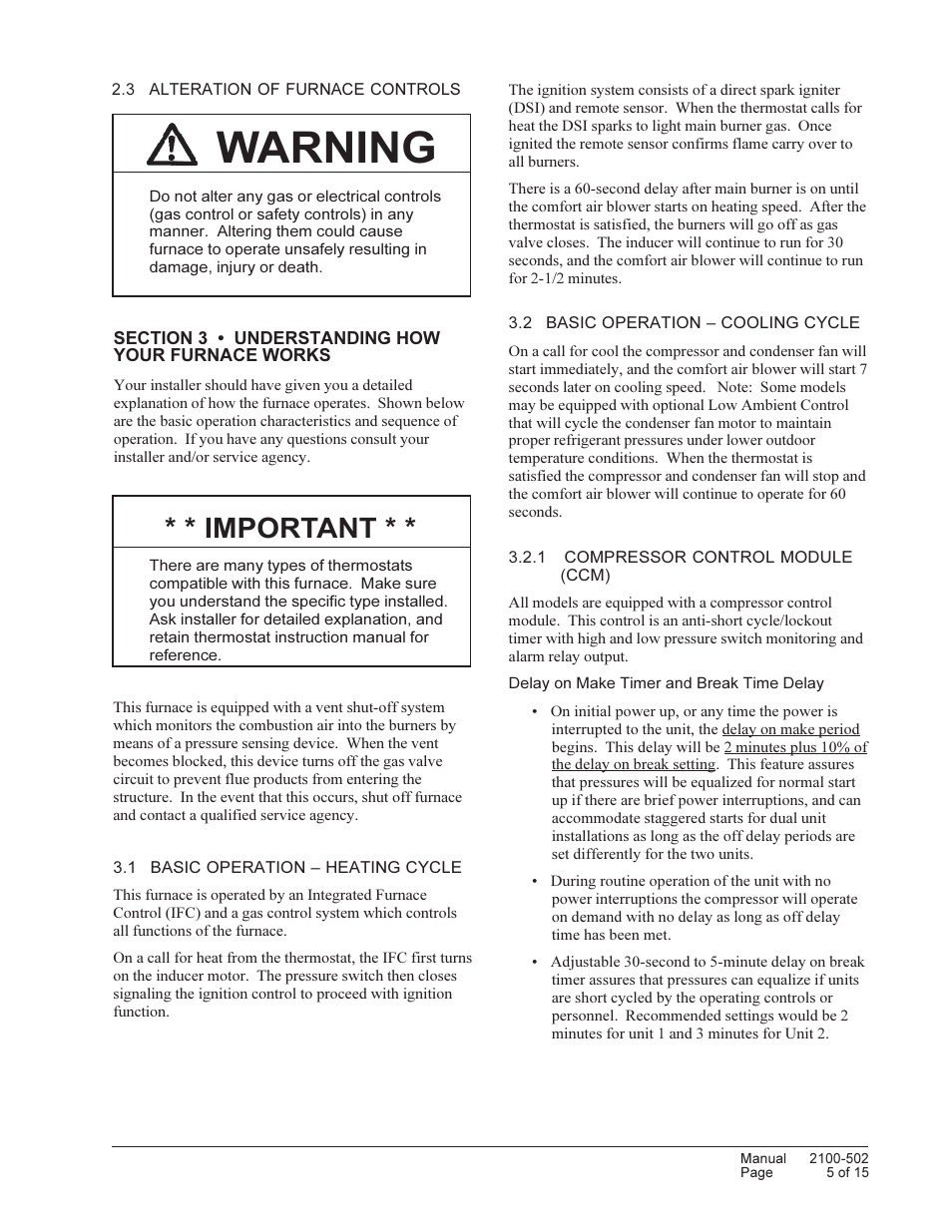 Warning, Important | Bard Series Combination Gas/Electric Wall-Mount WG3S User Manual | Page 5 / 15