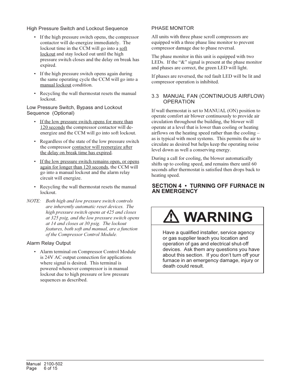 Warning | Bard Series Combination Gas/Electric Wall-Mount WG3S User Manual | Page 6 / 15