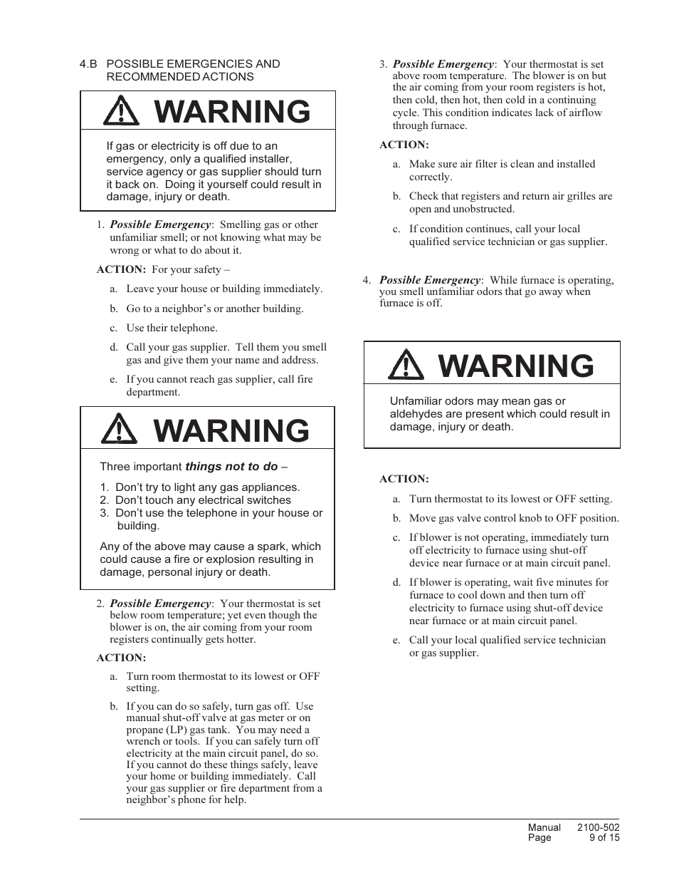 Warning | Bard Series Combination Gas/Electric Wall-Mount WG3S User Manual | Page 9 / 15